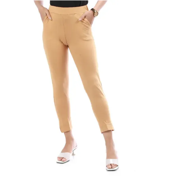 Bisesh Creation Biege Slub Cotton Lycra Pants For Women